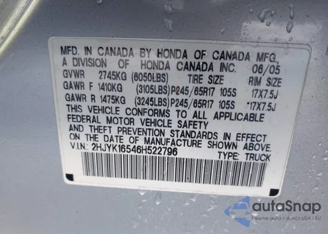 2006 Honda Ridgeline Rtl from USA, damaged, VIN 2HJYK16546H522796